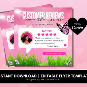 May include: Pink and white social media graphic with a butterfly and a customer review template. The template includes a five-star rating system, a space for a customer name, and a text box for a customer review. The graphic also includes the text "CUSTOMER REVIEWS from the Girls" and "YOUR BRAND NAME".
