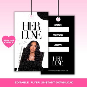May include: A black and white flyer with the text "HER LUXE VIRGIN HAIR EXTENSIONS" and a photo of a woman with long, wavy black hair. The flyer includes the text "EDIT ON CANVA" and "EDITABLE FLYER | INSTANT DOWNLOAD".