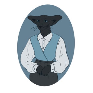 Pode incluir: Um gato preto com orelhas grandes vestindo uma camisa branca e um colete azul. O gato está em pé em uma moldura oval azul.