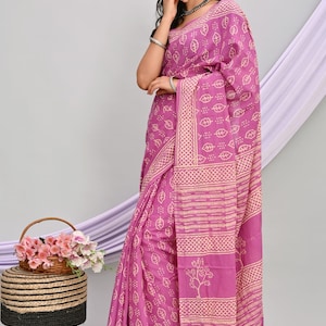 Indische Frauen tragen Handblock Bagru Print Baumwolle Saree / Sari Baumwolle Saree mit Bluse Gedruckte Saree Geschenke für Mütter Schwester und Liebe einmal Bild 8