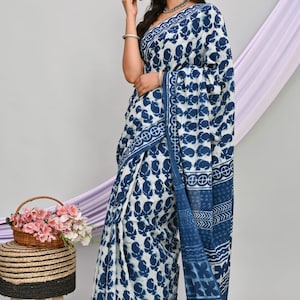 Indische Frauen tragen Handblock Bagru Print Baumwolle Saree / Sari Baumwolle Saree mit Bluse Gedruckte Saree Geschenke für Mütter Schwester und Liebe einmal Bild 1