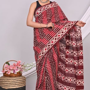 Indische Frauen tragen Handblock Bagru Print Baumwolle Saree / Sari Baumwolle Saree mit Bluse Gedruckte Saree Geschenke für Mütter Schwester und Liebe einmal Bild 10