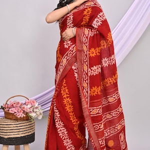 Hand Block Print Cotton Linen Saree: Boho Indian Saree with Blouse