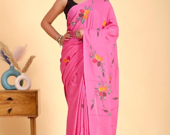 Sari de algodón hecho a mano para mujer, estilo étnico indio, suave y ligero, para verano.