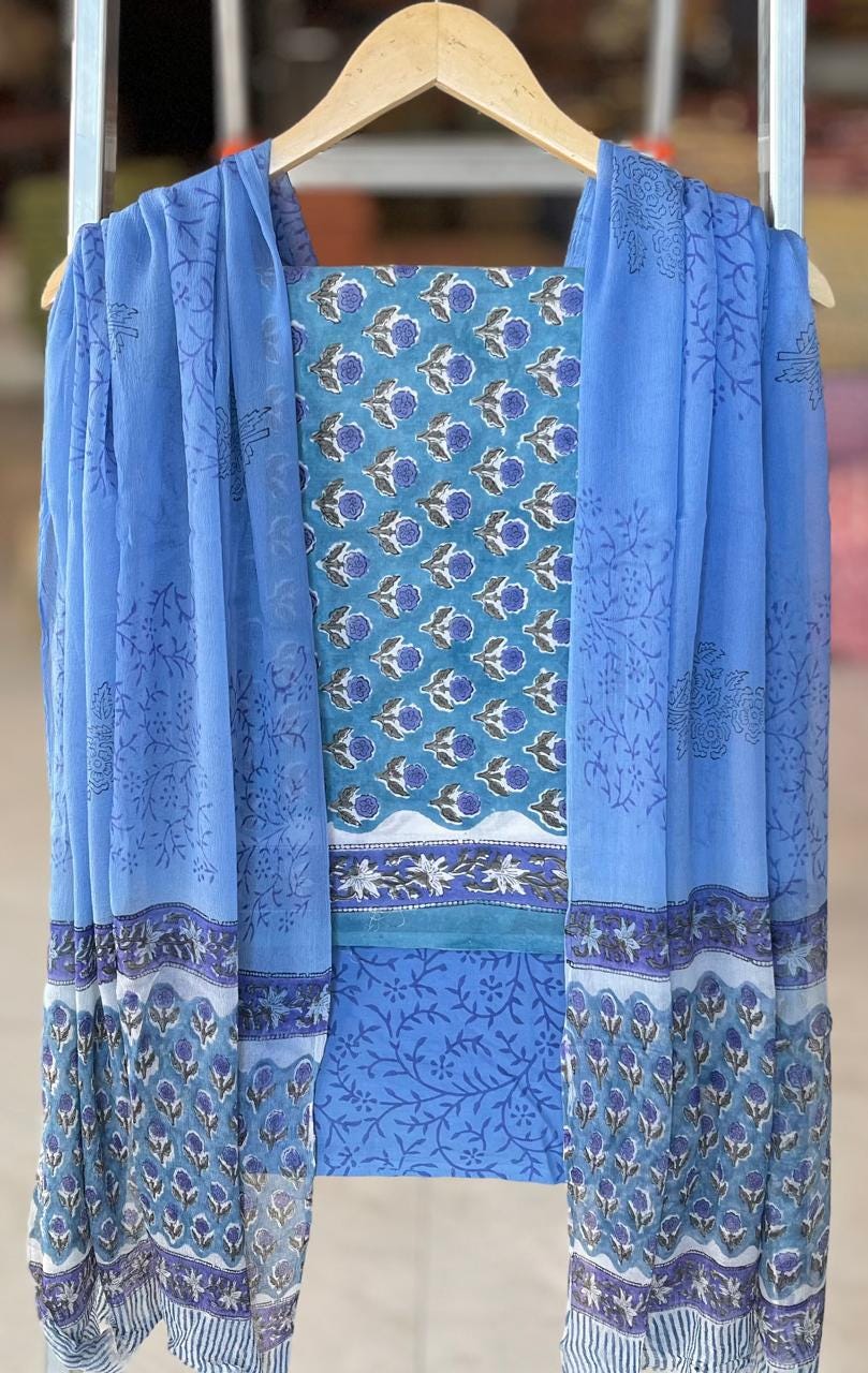 Unstitched Hand Block Printed Cotton Suit Set with Chiffon Dupatta…
