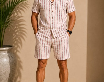 Hand Block Print Men's Cotton Co-Ord Set | Summer Matching Shirt & Shorts Set | Lightweight Beach Vacation and Resort Wear Outfit