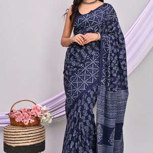 Indische Frauen tragen Handblock Bagru Print Baumwolle Saree / Sari Baumwolle Saree mit Bluse Gedruckte Saree Geschenke für Mütter Schwester und Liebe einmal Bild 7