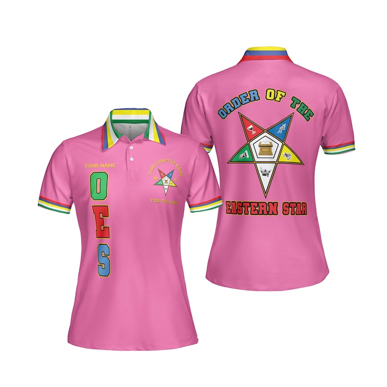 May include: Pink polo shirt with the text "OES" in colourful letters on the front. The shirt features a collar with green, yellow, and blue stripes, and the back displays a star emblem and the words "ORDER OF THE EASTERN STAR."