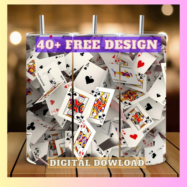 3D Playing Cards Sublimation Design for 20 oz Skinny Tumblers - Instant Digital Download PNG - Straight Tumbler Wrap