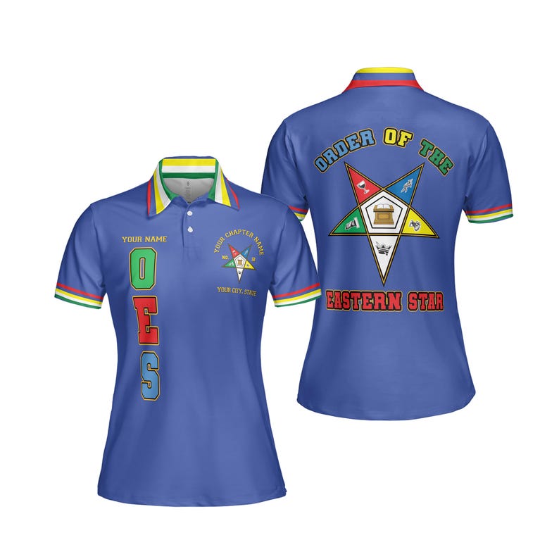 May include: Blue polo shirt with the text "OES" in green, red, and blue. The shirt has a collar with yellow, green, and red stripes. The back of the shirt displays the words "ORDER OF THE EASTERN STAR" and a star symbol.