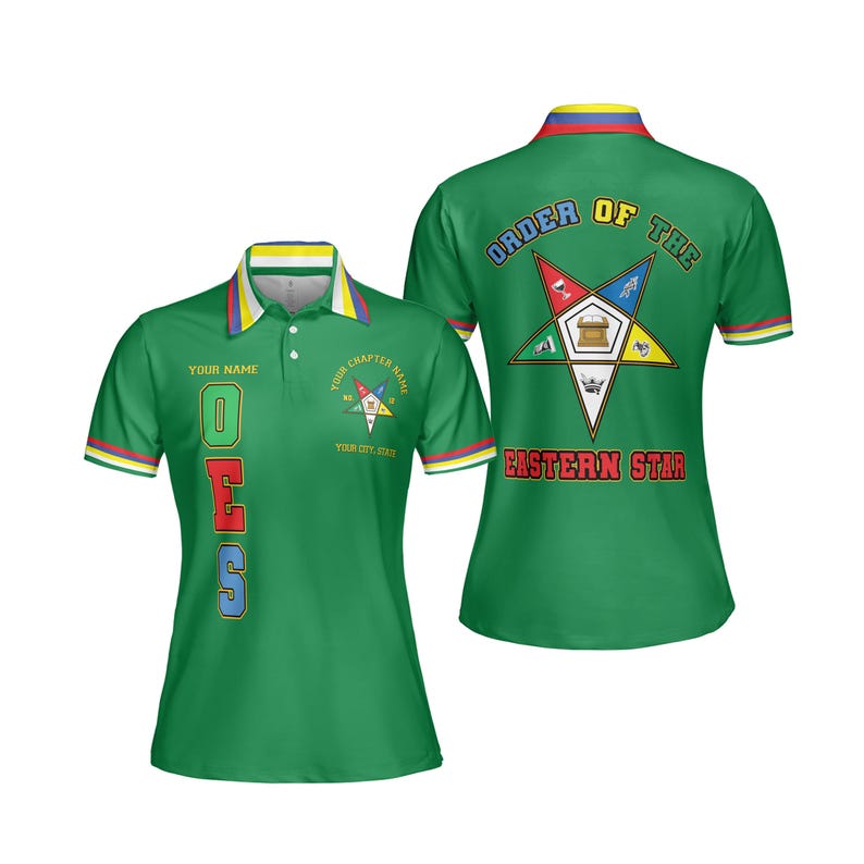 May include: Green polo shirt with the text "OES" in red, blue, and green. The shirt features a collar with yellow, red, and blue stripes, and the back displays "ORDER OF THE EASTERN STAR" with a star emblem. The shirt is designed for customization.