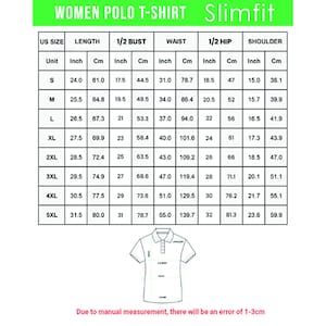 Puede incluir: Una tabla blanca con medidas de tallas para polos de mujer. Las tallas van de la S a la 5XL, con medidas en cm y pulgadas para largo, busto, cintura, cadera y hombro. El texto "WOMEN POLO T-SHIRT Slimfit" est&aacute; en la parte superior.