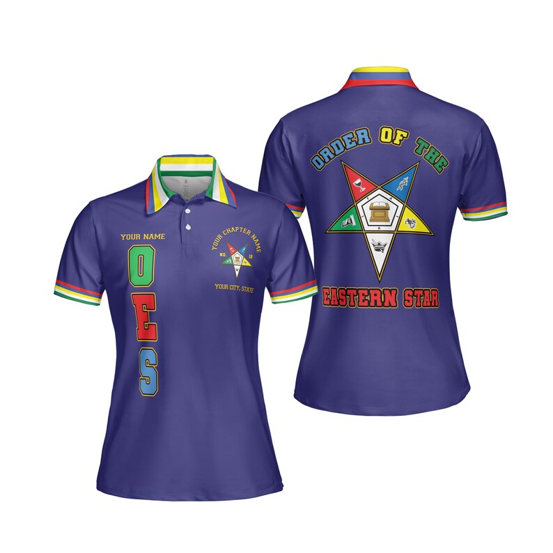 May include: A blue polo shirt with a white collar and colourful trim. The front features the letters "OES" in different colours, and the back displays "ORDER OF THE EASTERN STAR" with a star emblem. The shirt is designed for a fraternal organisation.