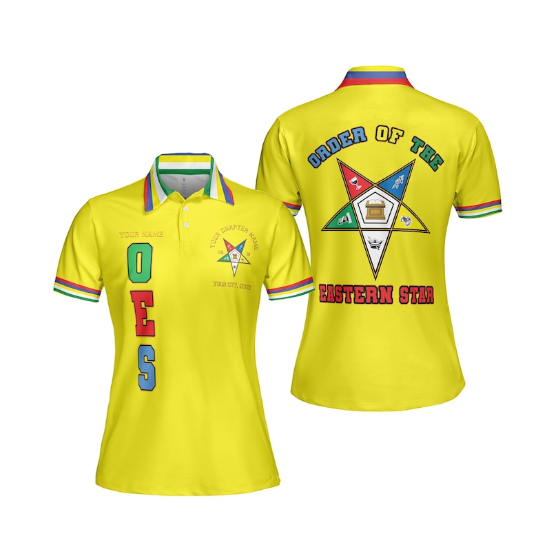 May include: A yellow polo shirt with the letters "OES" in green, red, and blue. The shirt has a multi-coloured collar and sleeve trim. The back of the shirt displays a star emblem with the words "Order of the Eastern Star".
