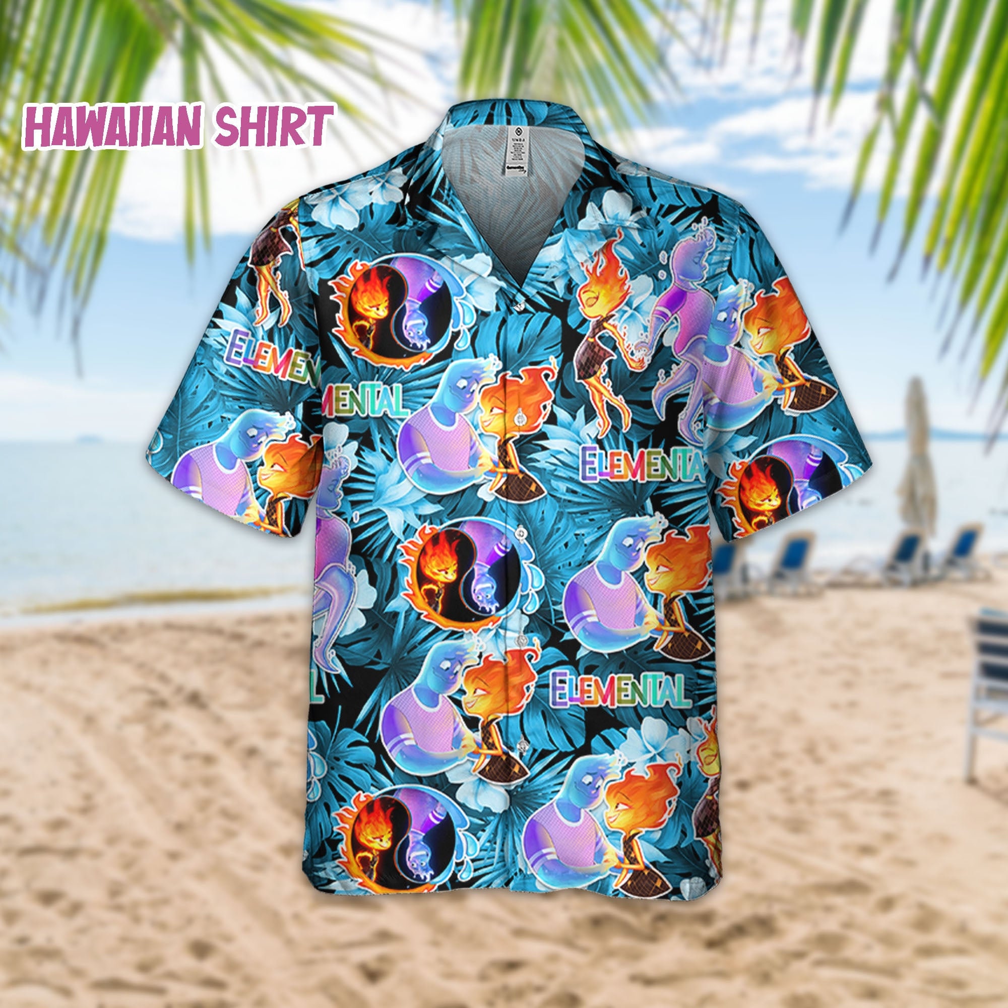 Discover Disney Elemental Glut und Wade Paar Sommer Tropical Blau, Elemental, Disney Family Hawaiian Shirt