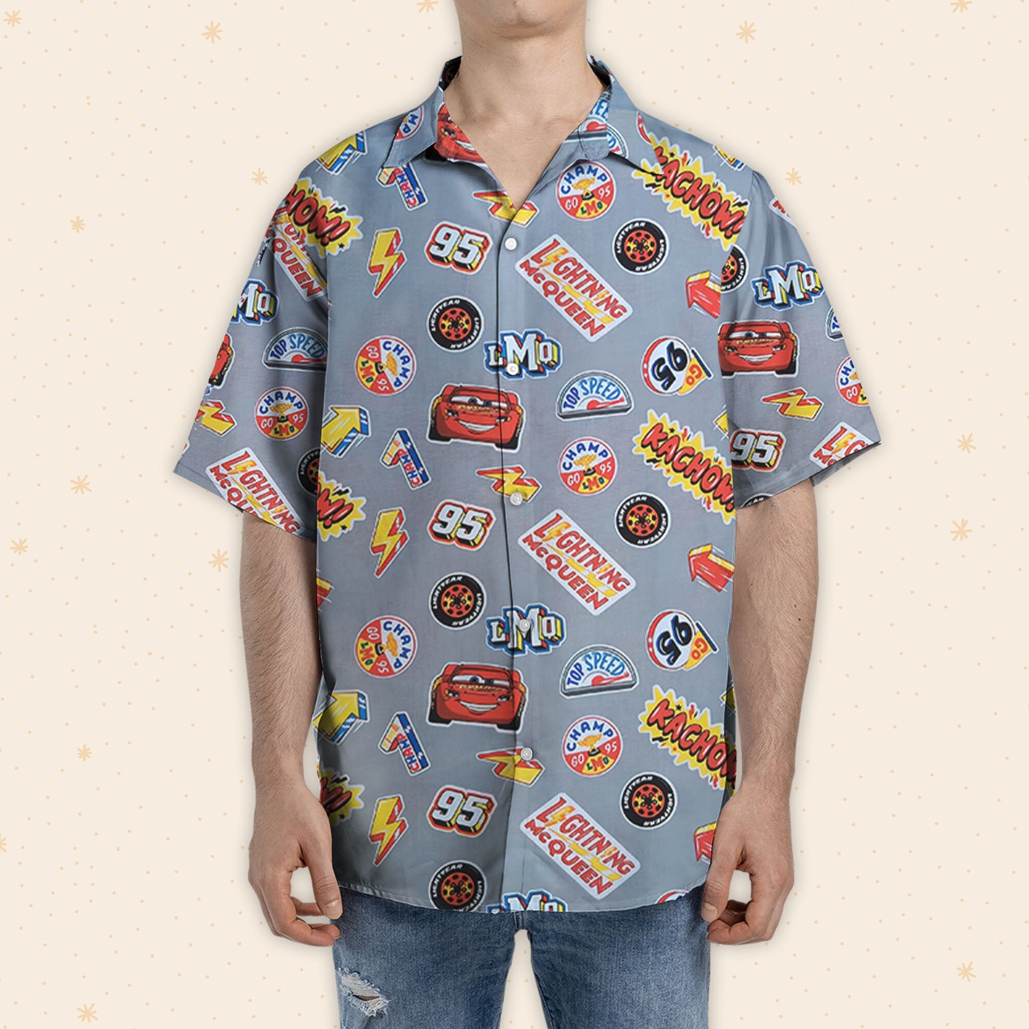 Disney Cars Lightning McQueen Kachow Art Fabric Pattern, Disney Haiwaii Shirt