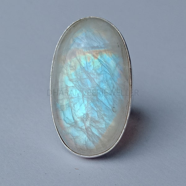 Rainbow Moonstone Ring, 925 Sterling Silver Boho Statement Ring, Women Ring, Large Stone Ring, June Birthstone, White Stone Ring, All Size