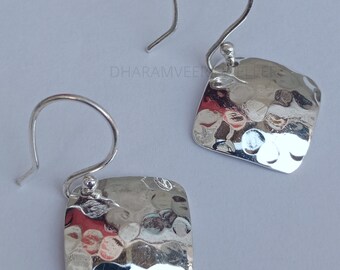 Solid 925 Sterling Silver Square Earrings, Brush Geometric Earrings, Hammered Square Earrings, Handmade Women Earrings, Gift For Her