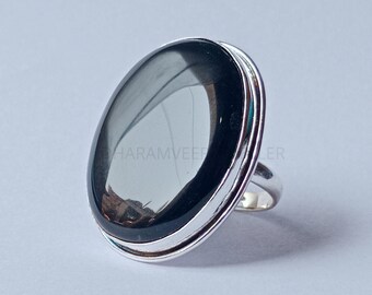 Black Onyx Gemstone Ring for Women, Big Oval Stone Sterling Silver Ring, Boho Ring, Genuine Black Onyx Stone Ring Gift Jewelry