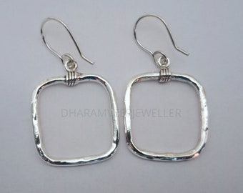 Hammered Sterling Silver Square Earrings, Handmade Open Square Geometric Hoops