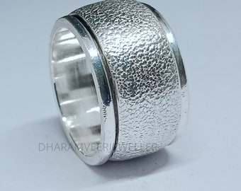 Silver Heavy Dome Ring, 925 Sterling Silver Spinner Dome Ring, Texture Designer Dome Ring, Handmade Ring, Statement Wide Band, Wedding Band