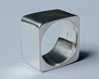 Solid Sterling Silver Square Ring, Chunky Geometric Band, 14mm Wide Heavy Band