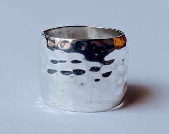 14MM Wide Hammered Dome Ring, Solid 925 Sterling Silver Heavy Band Ring, Statement Ring, Wedding Band For Him, Thumb Ring, Gift For Women