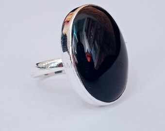 Black Onyx Stone Ring, 925 Sterling Silver Boho Statement Ring, Women Ring, Large Stone Ring, Birthstone Jewelry, Black Stone Ring, All Size