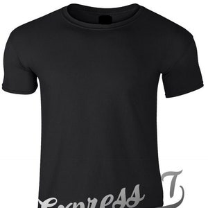 May include: A black short-sleeved t-shirt with a crew neck. The t-shirt is blank and has a white logo on the bottom right corner that says "Express T" with the website address "www.expressst.co.uk".