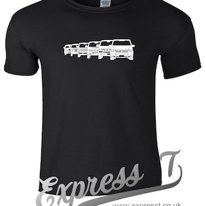 May include: Black t-shirt featuring a white silhouette of a line of vans, starting with a classic VW bus and ending with a modern van. The text "Express T" is printed in white on the bottom right corner of the shirt.