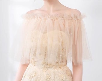 Châle en tulle perlé champagne hors de l’épaule/haussement d’épaules/enveloppements/cape tout-match/bras couvrants/enveloppements de mariée/accessoires de robe de bal/séparations de mariage