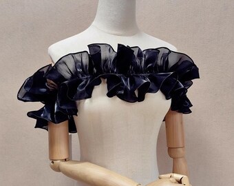 Black Off-the-shoulder Ruffle Organza Shawl/Organza Wedding Shawl/Covering Arms/Bridal Wraps/Wedding Dress Accessories/Wedding Separates