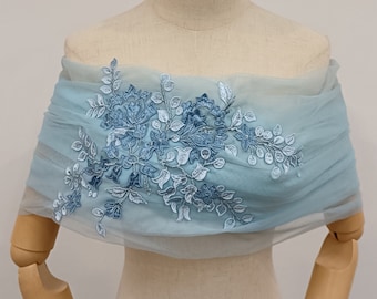 Off-the-shoulder Embroidered Shawl/Blue Tulle Wedding Shawl/Covering Arms/Bridal Wraps/Wedding Dress Accessories/Wedding Separates