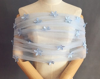 Off-the-shoulder Small Flower Shawl/Light Blue Tulle Wedding Shawl/Covering Arms/Bridal Wraps/Wedding Dress Accessories/Wedding Separates