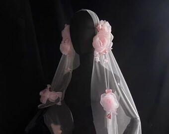 Long Fairy Pink Tulle Flower Veil/Bridal Veil/Makeup Hair Accessories/Wedding Accessories/Bridal Head-wear