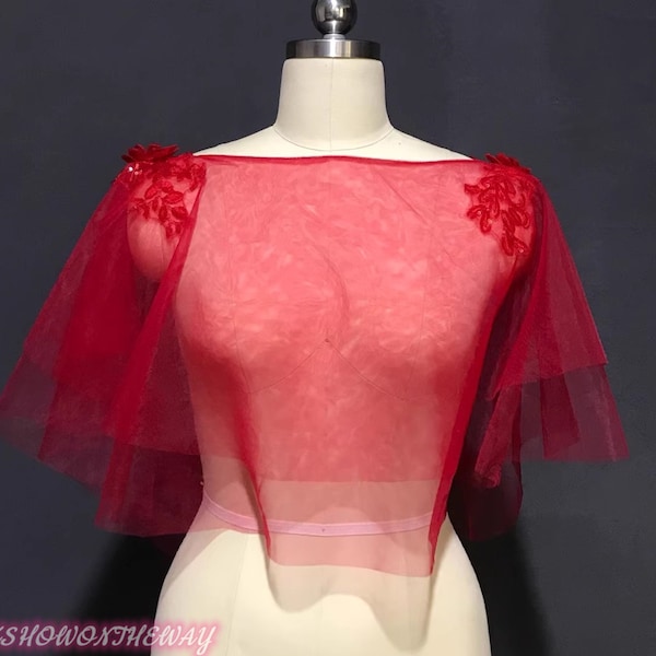 Sequins Cape/Red Double Layers Tulle Shawl/Covering Shoulder Accessories/Decorative Shawl/Bridal Dress Accessories/Wedding Separates