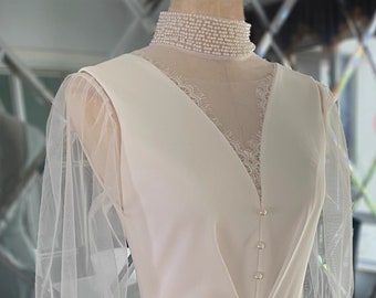 Perle Stehkragen Top / lange Ärmel Elfenbein Tüll Innenbekleidung / Bluse / Tüll Bolero Top / Kleid Topper / Hochzeit Trennt / Kleid Vertuschung