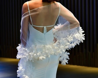 Dreamy Flower Edge White/Ivory Tulle Shawl/Flower Decor Cape/Bridal Shawl/Prom Dress Sleeves/Bridal Dress Accessories/Wedding Separates