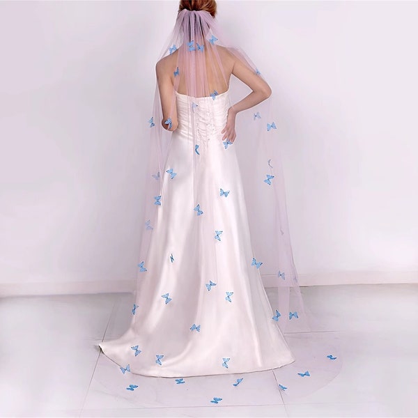 Fairy Pink Veil with Blue Butterfly/Floor Length Single Layer Veil/Bridal Veil/Bridal Headdress/Wedding Accessories/Wedding Veil