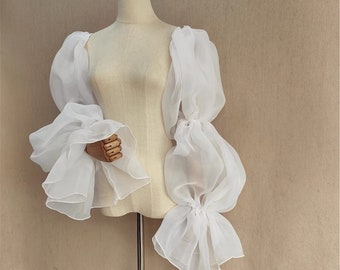 Long White Puffy Ruffled Organza Elastic Sleeves/Detachable Arm Sleeves/Prom Dress Sleeves/Bridal Dress Accessories/Wedding Separates