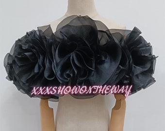 Chal de flores de organza negro fuera del hombro/chal ajustable/envolturas de vestido de fiesta/accesorios de vestido de novia/separaciones de boda/chal negro nupcial