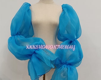 Lange blauwe gezwollen gegolfde organza elastische mouwen/afneembare armmouwen/prom dress mouwen/bruidsjurk accessoires/bruiloft scheidt