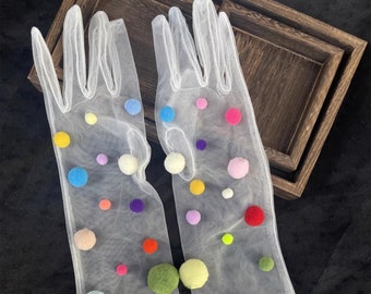 Dopamina Palla colorata Guanti in tulle bianco/Guanti fatti a mano/Guanti per abiti da ballo/Accessori per abiti da sposa/Separati nuziali/Accessori per abiti