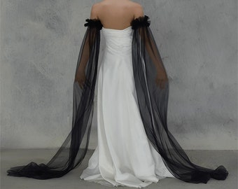 Deux pièces en tulle rallongé noir/manches arrière trompette/manches longues/accessoires pour robe de bal/accessoires pour robe de mariée/articles de mariage