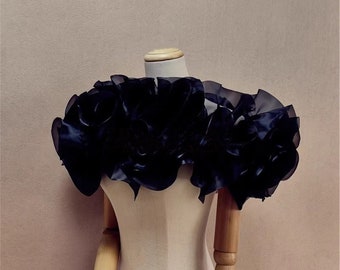 Black Organza Off-the-shoulder Flower Shawl/Detachable Shawl/Prom Dress Wraps/Bridal Dress Accessories/Wedding Separates