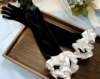 Long Black Velvet White Flower Gloves/Bridal Gloves/Prom Dress Accessories/Bridal Dress Accessories/Wedding Separates