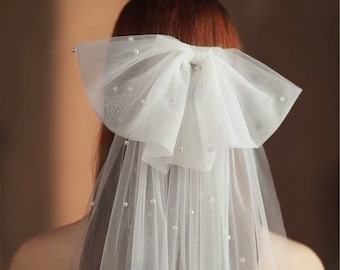 Short Beaded Bow Veil/Vintage Ivory Tulle Veil/Bridal Veil/Makeup Hair Accessories/Wedding Accessories/Bridal Head-wear/Headpiece