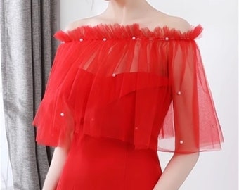 Red Off-the-shoulder Beaded Tulle Shawl/Shrug/Wraps/All-match Cape/Covering Arms/Bridal Wraps/Prom Dress Accessories/Wedding Separates