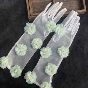 Fairy groene bloem stoffen witte Tule handschoenen/handgemaakte handschoenen/prom jurk handschoenen/bruidsjurk accessoires/bruiloft scheidt afbeelding 1