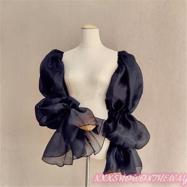 Long Black Puffy Ruffled Organza Elastic Sleeves/Detachable Arm Sleeves/Prom Dress Sleeves/Bridal Dress Accessories/Wedding Separates